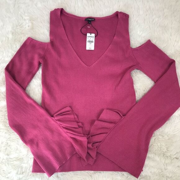 EXPRESS Pink Low Cut Cutout Sweater Top Cold Shoulder Bell Sleeve Size Large New - Picture 3 of 8